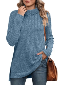 Women's blue high neck knit long sleeve top with waffle texture and side split hem
