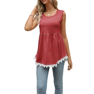 Detailed close-up of red and white striped tank top with delicate white lace hem detail