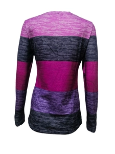 Detailed view of marled knit fabric and horizontal color-block stripes on long sleeve top