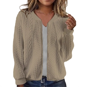 Women khaki cable knit full zip sweatshirt jacket with baseball collar and ribbed trims