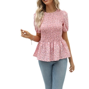 Pink floral smocked peplum top with puff short sleeves and round neck for women