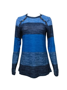 Women's long sleeve color block striped top with button details on shoulders