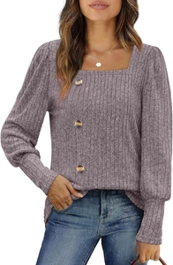 Detail of square neckline with buttons and ribbed knit texture on a mauve long sleeve top