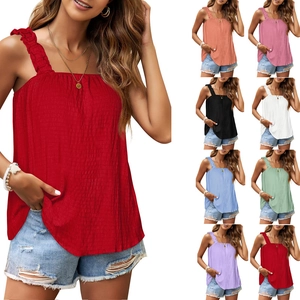 Women Smocked Ruffle Strap Tank Top Square Neck Solid Color Loose Summer Camisole Streetwear Casual Sleeveless Top