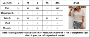 Detailed size chart for lace patchwork V-neck short sleeve T-shirt ranging from S to XXL