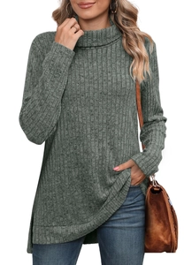 Women's dark green turtleneck knit sweater with side slits and vertical ribbed texture