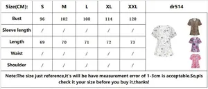 Detailed size chart for printed short sleeve v-neck tunic tops from size S to XXL