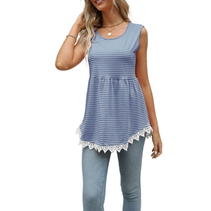 Detail of blue striped tank top featuring intricate white floral lace trim at the hemline