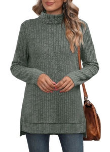 Detail of high neck long sleeve knit top with ribbed texture and side slit hem