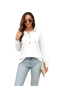 Close-up of white waffle knit hoodie fabric with button neck detail and drawstring
