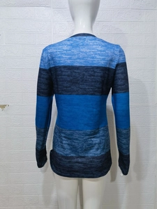 Women's autumn long sleeve knit top featuring a three-tone blue color block striped design