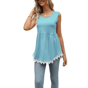 Close-up of blue striped sleeveless top featuring white floral lace hem and round neckline