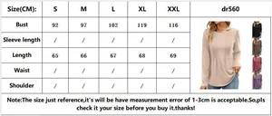 Detailed size guide table for women's round neck long sleeve pleated t-shirt S to XXL