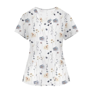 Short sleeve V-neck nurse scrub top featuring elegant floral print and front pockets