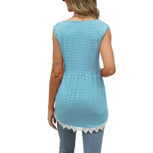 Back view of a blue striped sleeveless top featuring intricate white lace trim at the hem