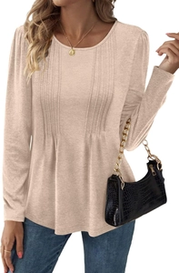 Detail of elegant pleated chest design on women's apricot long sleeve crewneck top