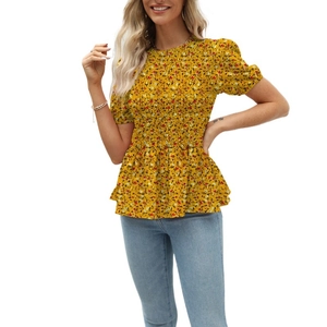 Yellow floral smocked blouse with short puff sleeves and ruffled hem for summer wear