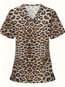 Women's V-neck scrub top with leopard print and dual front pockets for summer