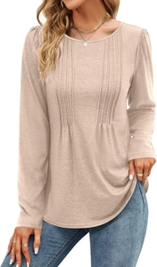 Detail view of ribbed round neck long sleeve shirt with vertical pleats in apricot hue