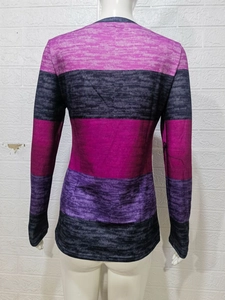 Women's slim fit crew neck sweater featuring bold pink, purple, and grey color block stripes