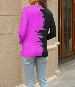 Rear view of long-sleeve V-neck shirt featuring a unique purple and black split design