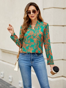 Women's Casual Floral Print V-Neck Long Sleeve Blouse Fashion Polyester Printed Top For Daily Wear Autumn Clothing