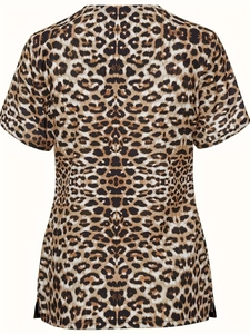 Detailed back view of a women's short-sleeve top featuring a symmetrical leopard animal print