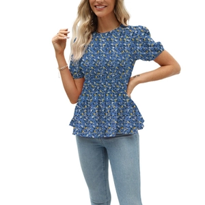 Short sleeve floral smocked waist chiffon blouse for women in blue with summer print