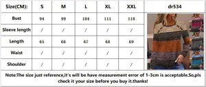 Detailed size guide table for long sleeve patchwork top with color block print design