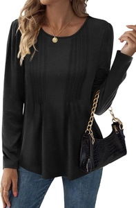 Close-up of black crew neck long sleeve top with fine vertical pleats on the midsection