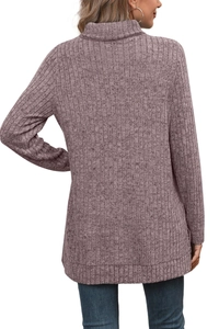 Detail of the back view of a mauve high neck knitted top with vertical rib pattern