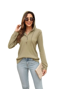 Women's olive green waffle knit hoodie with drawstring and three-button neckline detail