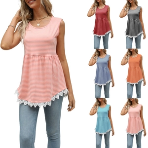 Women Striped Peplum Tank Top Casual Sleeveless Round Neck Shirt With Wide Lace Patchwork Trim Hem Summer Fashion Top