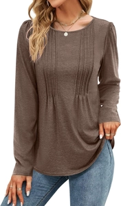 Close-up of vertical pleats and soft knit texture on a mocha round neck long sleeve top
