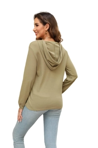 Rear view of a sage green waffle knit long sleeve hoodie for women with slim fit cut