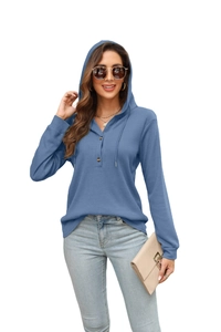 Women's blue waffle knit hoodie with drawstring and three-button placket long sleeve top