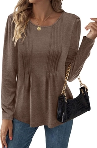 Detail of crew neck long sleeve top featuring vertical pleated texture in dark coffee brown