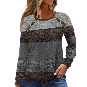Women's crewneck long sleeve t-shirt with button detail and color block stripe pattern