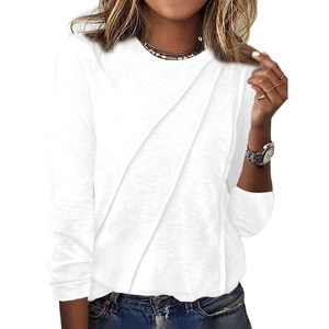 Women's white long sleeve round neck T-shirt with stylish asymmetric crisscross front detail