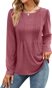 Detailed view of women's long sleeve top with pleated front and dried rose pink fabric