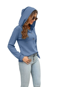 Detailed side view of blue waffle knit hoodie featuring a buttoned V-neckline and drawstring
