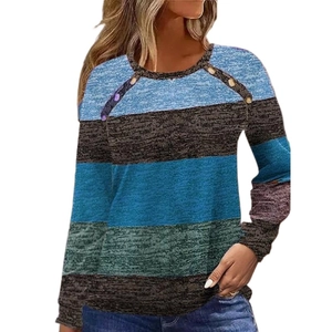 Women's long sleeve crewneck top with colorful stripes and decorative buttons