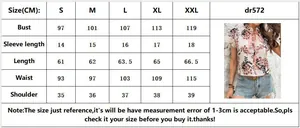 Detailed size chart in CM for floral short sleeve blouse with model reference image