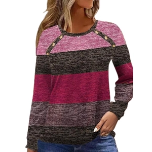Women's crew neck long sleeve tee with colorful striped patchwork and shoulder buttons