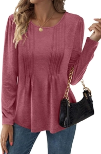 Detail of dusty rose long sleeve top featuring pleated front and ribbed knit texture