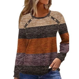 Women's crew neck long sleeve shirt with striped color block and decorative shoulder buttons