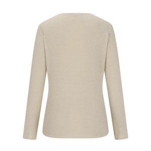 Detail of waffle knit texture and back view of the beige long-sleeve crewneck top