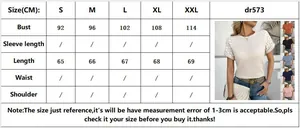 Detailed size chart for lace trim short sleeve t-shirt including bust and length measurements