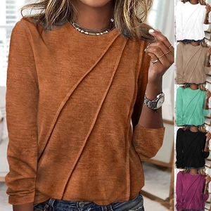 Women's Casual Solid Color Long Sleeve Round Neck Pullover T-Shirt Polyester Top With Diagonal Pleat Detail Fashion Daily Tee
