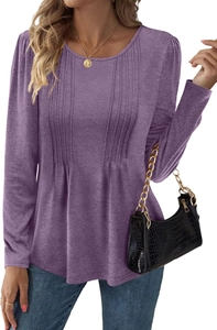 Detail showing the vertical pleated texture on a purple long sleeve crewneck top for women
